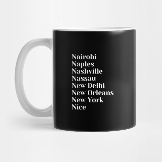 Cities starting with the letter, N, Mug, Pin, Tote by DeniseMorgan